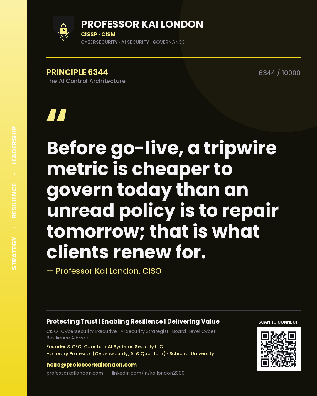 Quote card by Professor Kai London reading 'Before go-live, a tripwire metric is cheaper to govern today than an unread policy is to repair tomorrow; that is what clients renew for.'. From the book The AI Control Architecture.