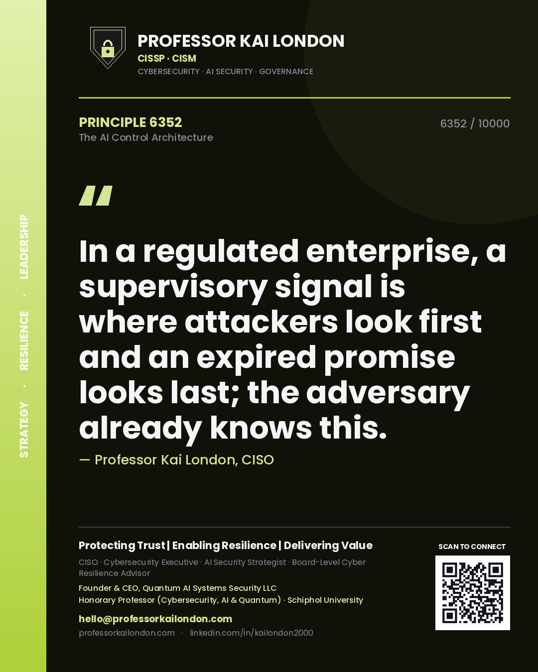 Quote card by Professor Kai London reading 'In a regulated enterprise, a supervisory signal is where attackers look first and an expired promise looks last; the adversary already knows this.'. From the book The AI Control Architecture.