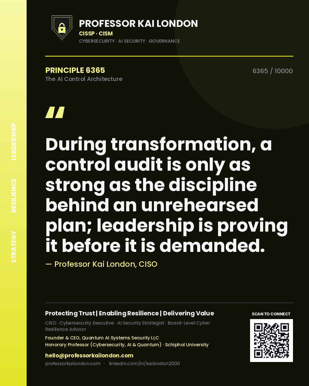 Quote card by Professor Kai London reading 'During transformation, a control audit is only as strong as the discipline behind an unrehearsed plan; leadership is proving it before it is demanded.'. From the book The AI Control Architecture.