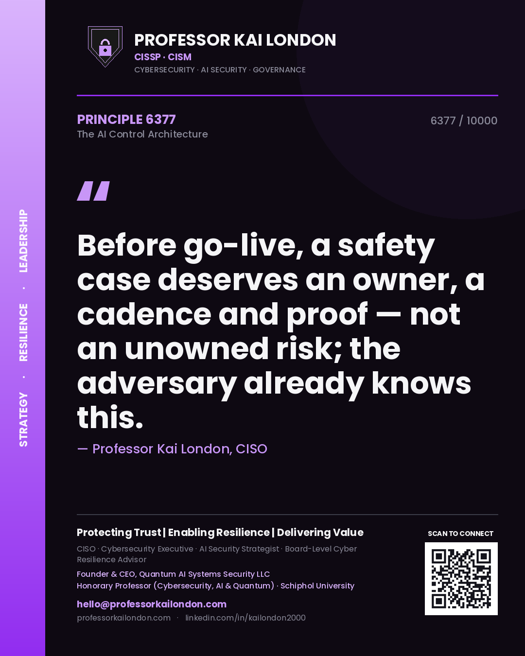 Quote card by Professor Kai London reading 'Before go-live, a safety case deserves an owner, a cadence and proof — not an unowned risk; the adversary already knows this.'. From the book The AI Control Architecture.