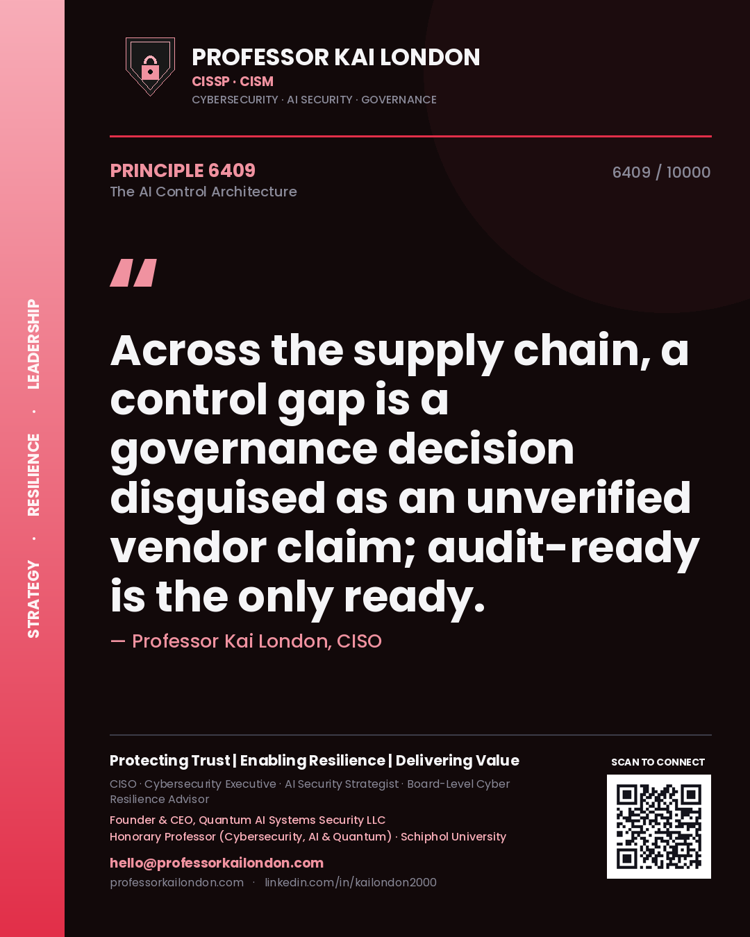 Quote card by Professor Kai London reading 'Across the supply chain, a control gap is a governance decision disguised as an unverified vendor claim; audit-ready is the only ready.'. From the book The AI Control Architecture.