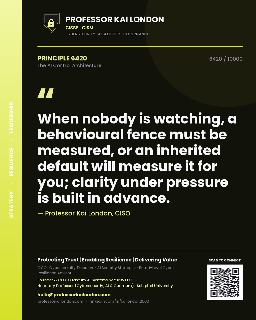 Professor Kai London principle 6420: When nobody is watching, a behavioural fence must be measured, or an inherited default will measure it for you; clarity under pressure is built in advance.
