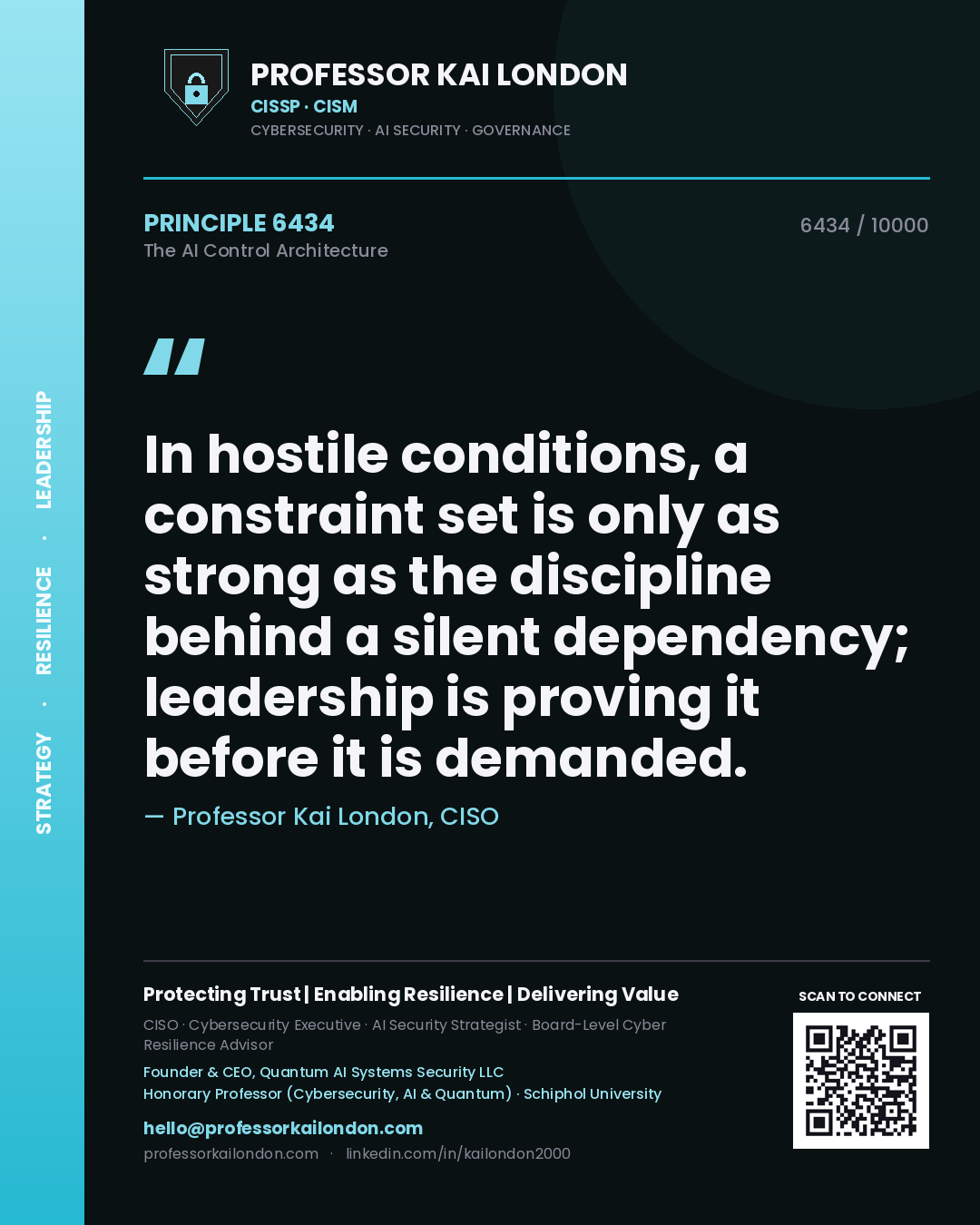 Quote card by Professor Kai London reading 'In hostile conditions, a constraint set is only as strong as the discipline behind a silent dependency; leadership is proving it before it is demanded.'. From the book The AI Control Architecture.