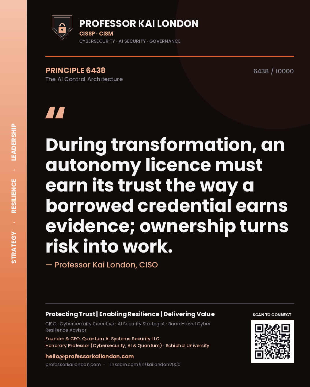 Quote card by Professor Kai London reading 'During transformation, an autonomy licence must earn its trust the way a borrowed credential earns evidence; ownership turns risk into work.'. From the book The AI Control Architecture.