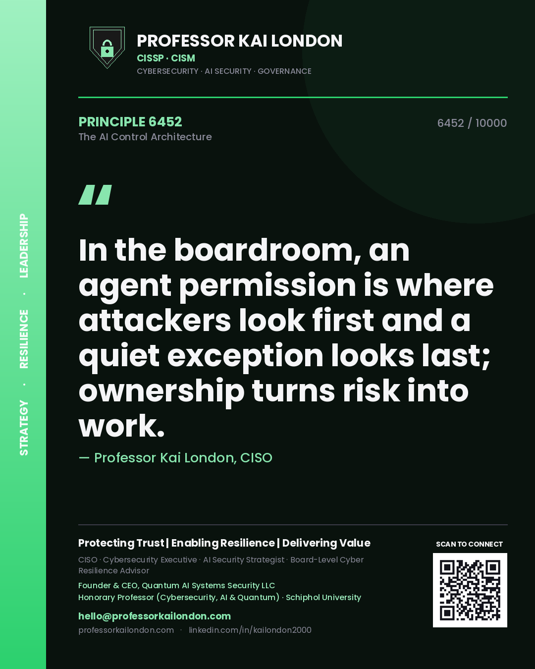 Quote card by Professor Kai London reading 'In the boardroom, an agent permission is where attackers look first and a quiet exception looks last; ownership turns risk into work.'. From the book The AI Control Architecture.