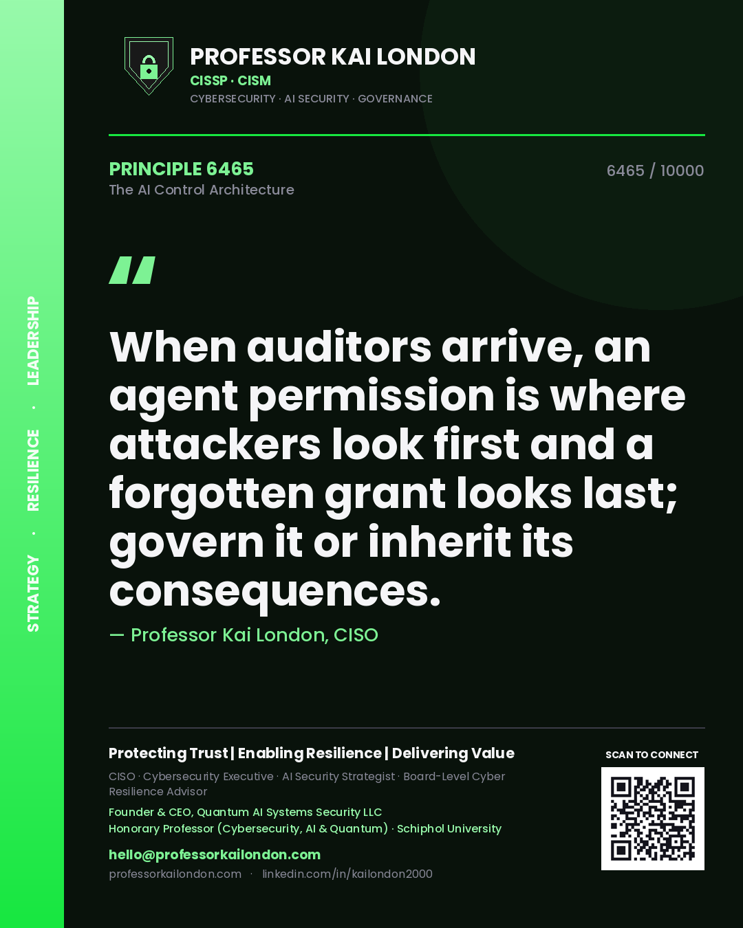 Quote card by Professor Kai London reading 'When auditors arrive, an agent permission is where attackers look first and a forgotten grant looks last; govern it or inherit its consequences.'. From the book The AI Control Architecture.