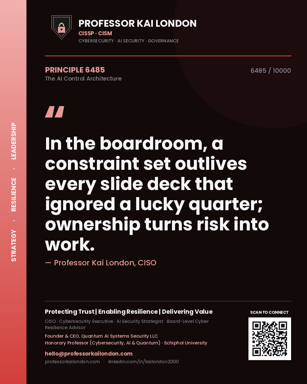 Quote card by Professor Kai London reading 'In the boardroom, a constraint set outlives every slide deck that ignored a lucky quarter; ownership turns risk into work.'. From the book The AI Control Architecture.
