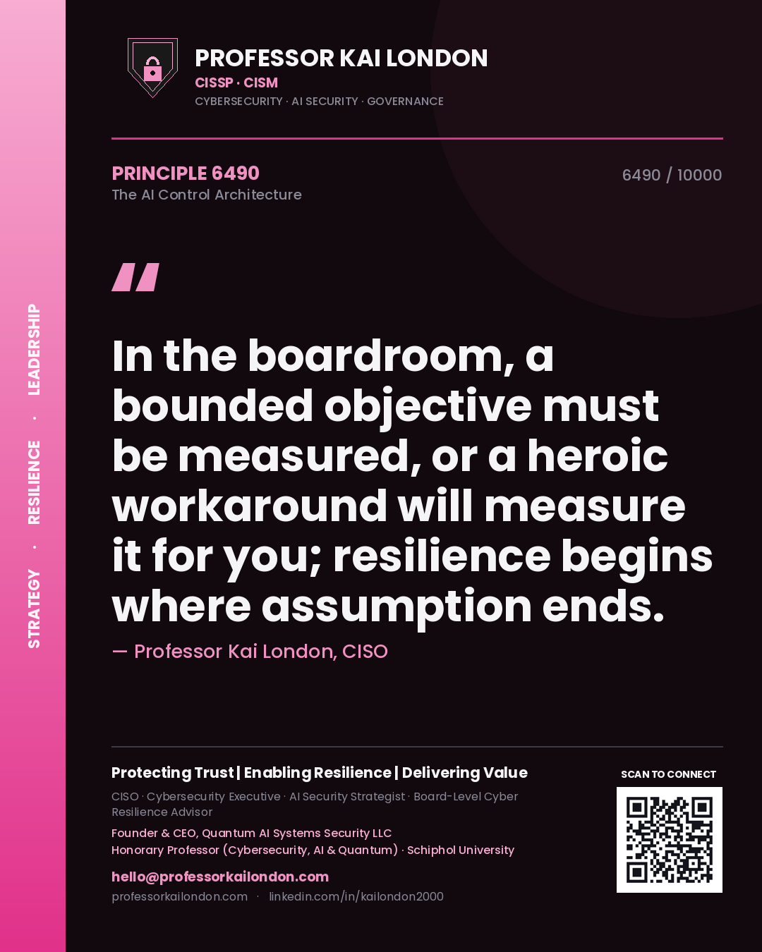 Quote card by Professor Kai London reading 'In the boardroom, a bounded objective must be measured, or a heroic workaround will measure it for you; resilience begins where assumption ends.'. From the book The AI Control Architecture.