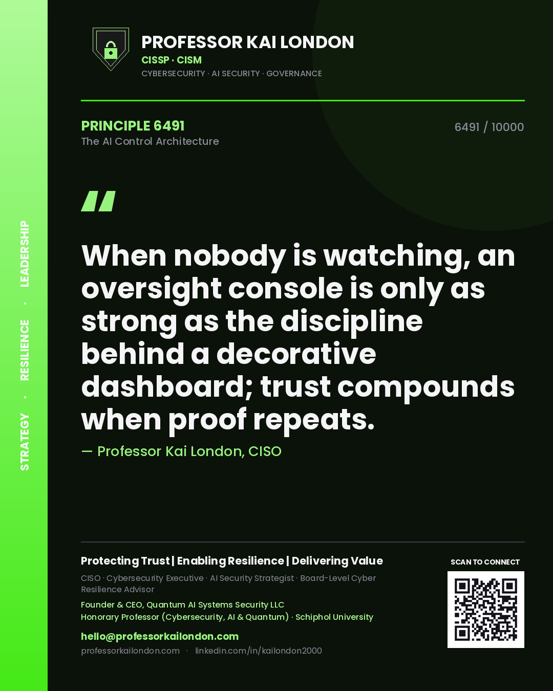 Quote card by Professor Kai London reading 'When nobody is watching, an oversight console is only as strong as the discipline behind a decorative dashboard; trust compounds when proof repeats.'. From the book The AI Control Architecture.