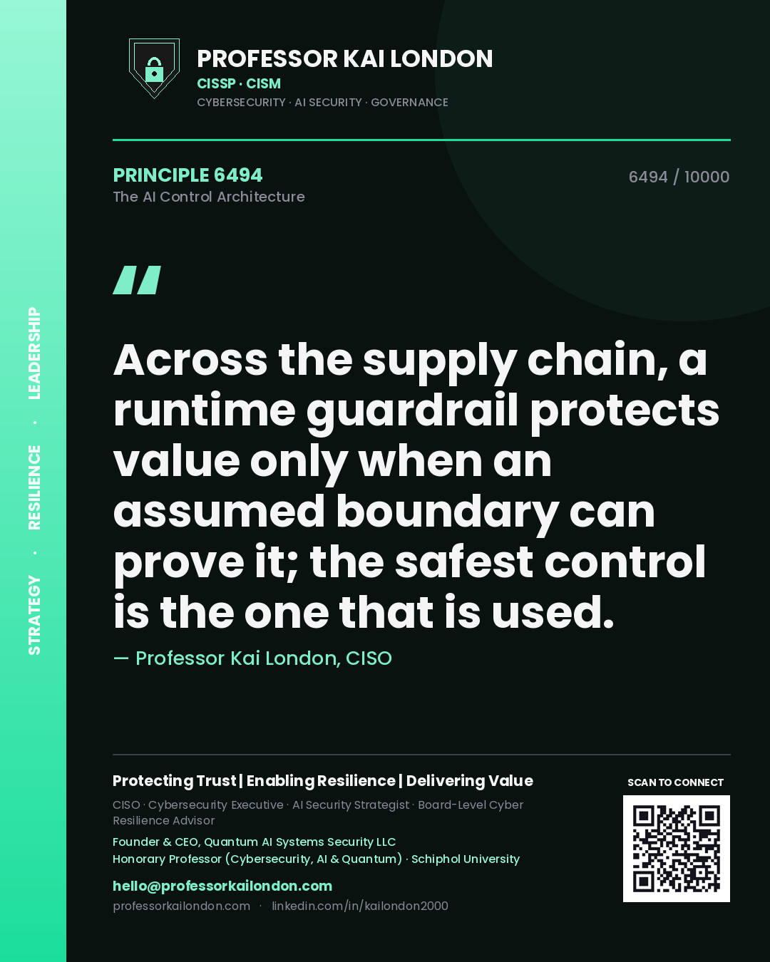 Quote card by Professor Kai London reading 'Across the supply chain, a runtime guardrail protects value only when an assumed boundary can prove it; the safest control is the one that is used.'. From the book The AI Control Architecture.