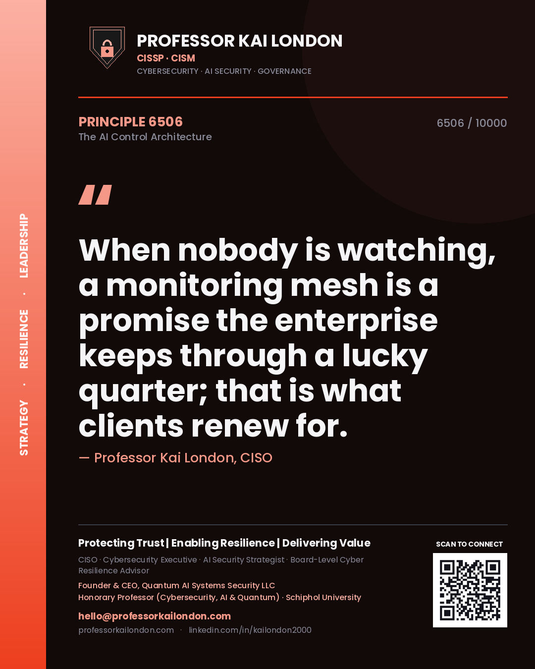 Professor Kai London principle 6506: When nobody is watching, a monitoring mesh is a promise the enterprise keeps through a lucky quarter; that is what clients renew for.