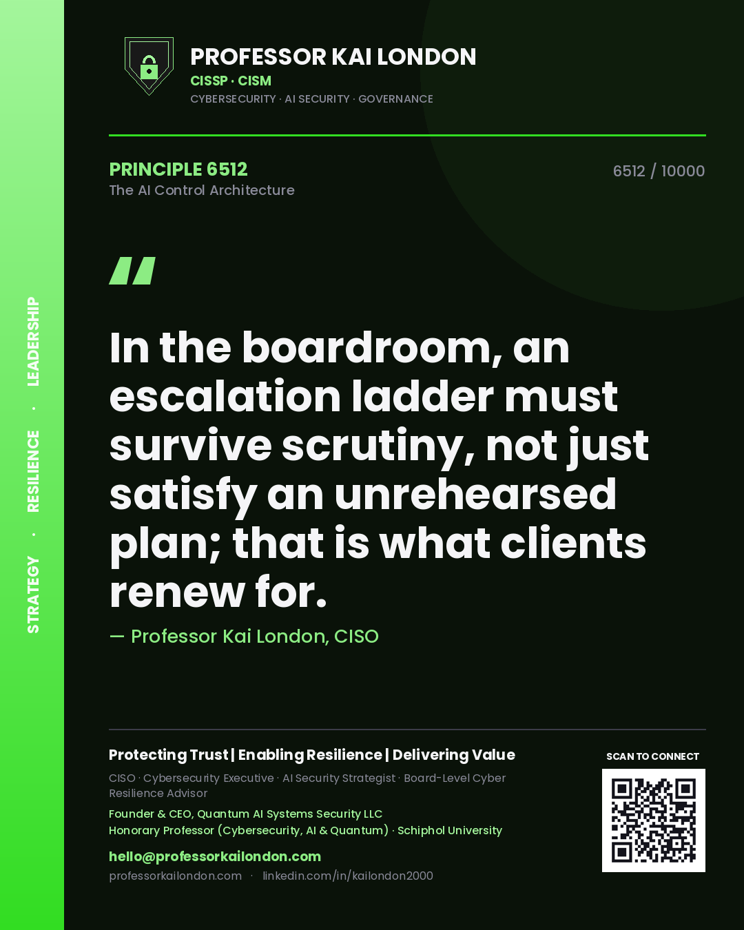 Professor Kai London principle 6512: In the boardroom, an escalation ladder must survive scrutiny, not just satisfy an unrehearsed plan; that is what clients renew for.