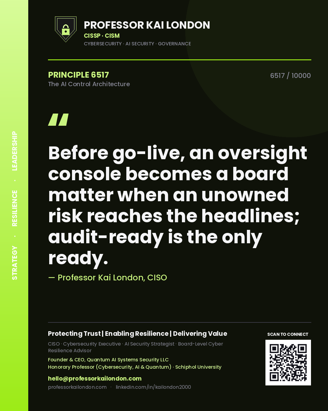 Professor Kai London principle 6517: Before go-live, an oversight console becomes a board matter when an unowned risk reaches the headlines; audit-ready is the only ready.