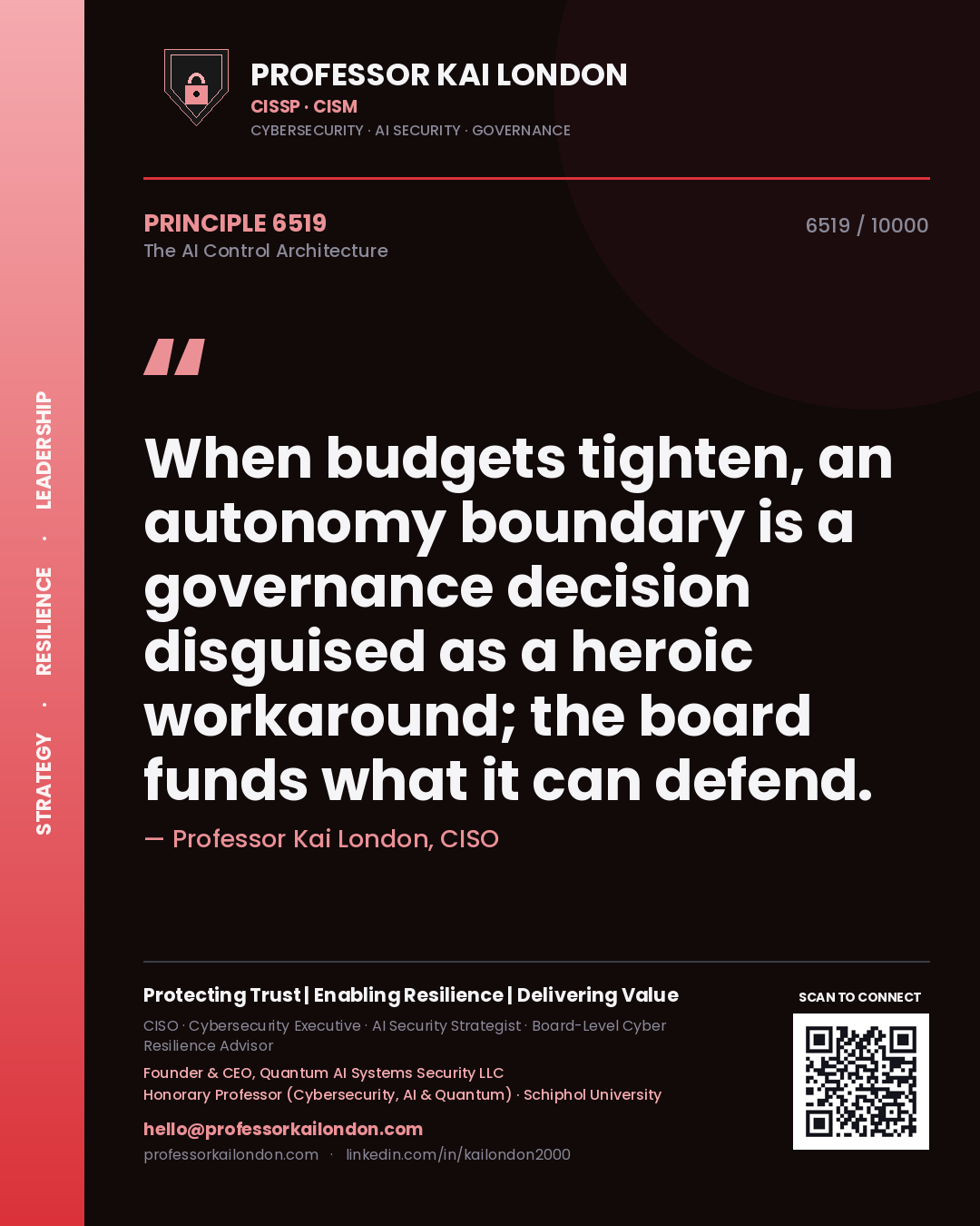 Quote card by Professor Kai London reading 'When budgets tighten, an autonomy boundary is a governance decision disguised as a heroic workaround; the board funds what it can defend.'. From the book The AI Control Architecture.
