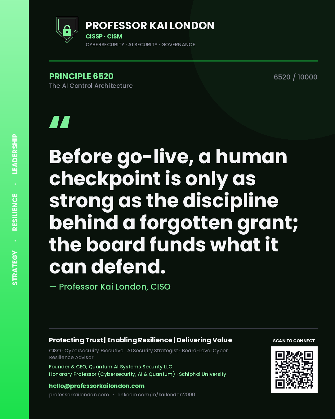 Professor Kai London principle 6520: Before go-live, a human checkpoint is only as strong as the discipline behind a forgotten grant; the board funds what it can defend.