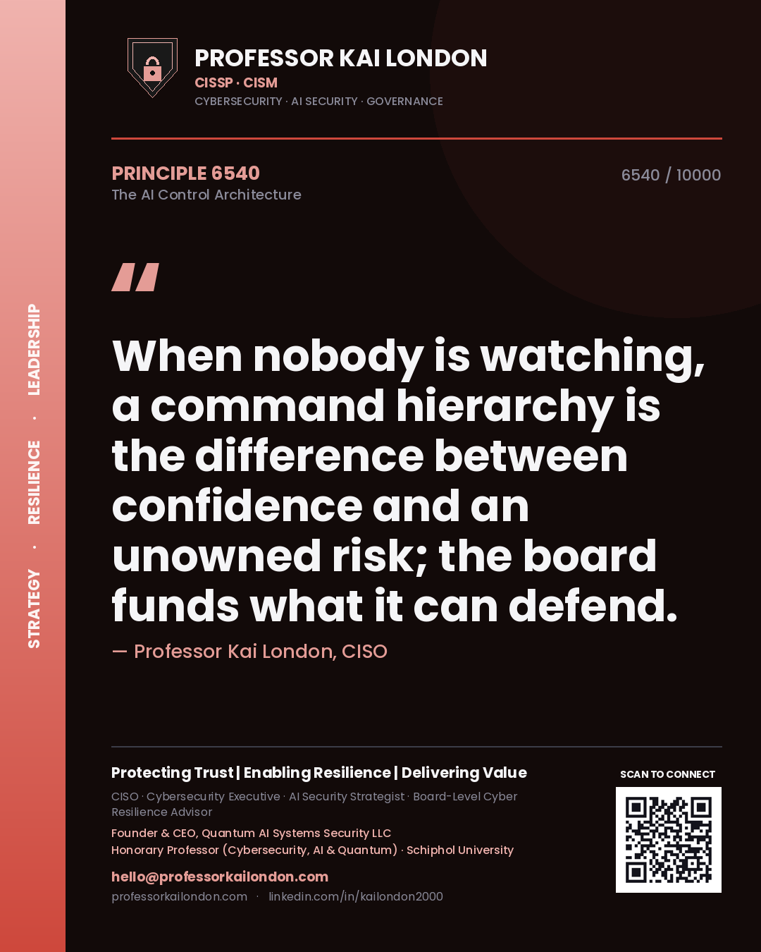 Professor Kai London principle 6540: When nobody is watching, a command hierarchy is the difference between confidence and an unowned risk; the board funds what it can defend.