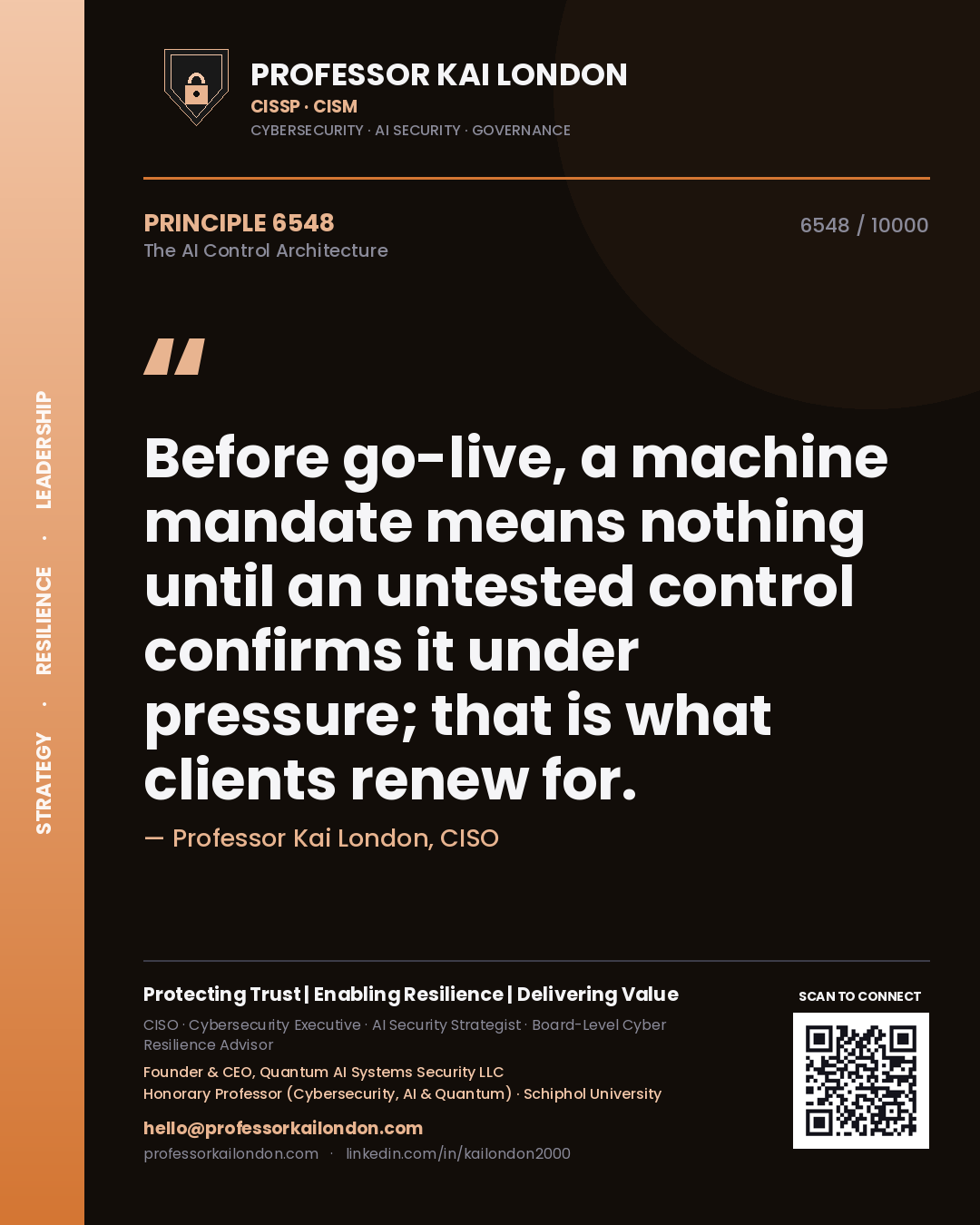 Professor Kai London principle 6548: Before go-live, a machine mandate means nothing until an untested control confirms it under pressure; that is what clients renew for.