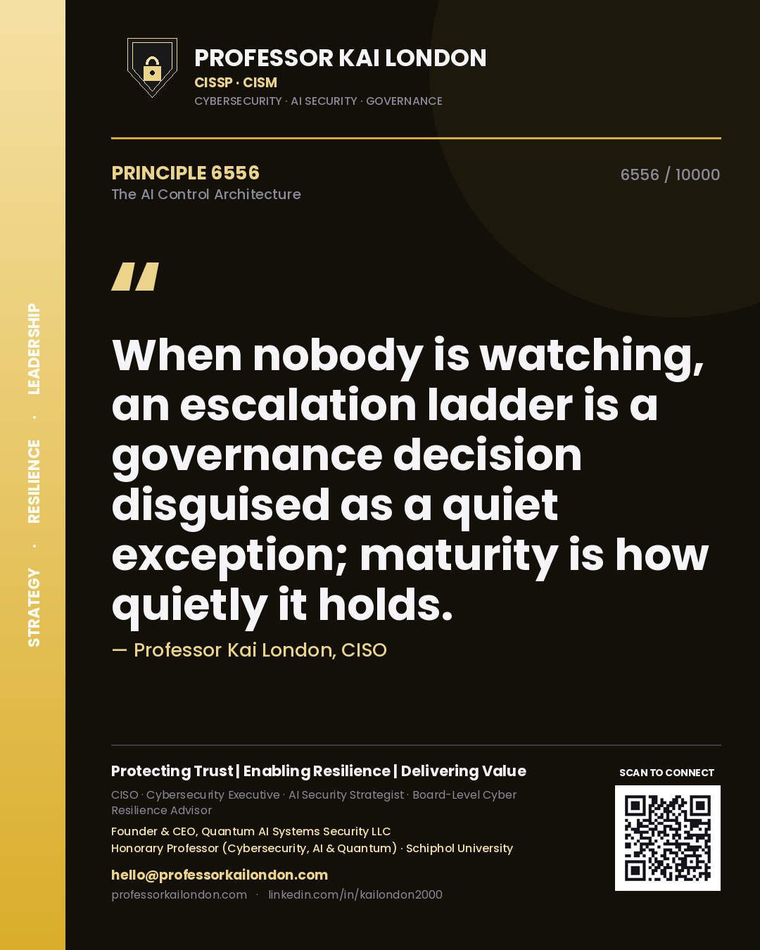 Quote card by Professor Kai London reading 'When nobody is watching, an escalation ladder is a governance decision disguised as a quiet exception; maturity is how quietly it holds.'. From the book The AI Control Architecture.
