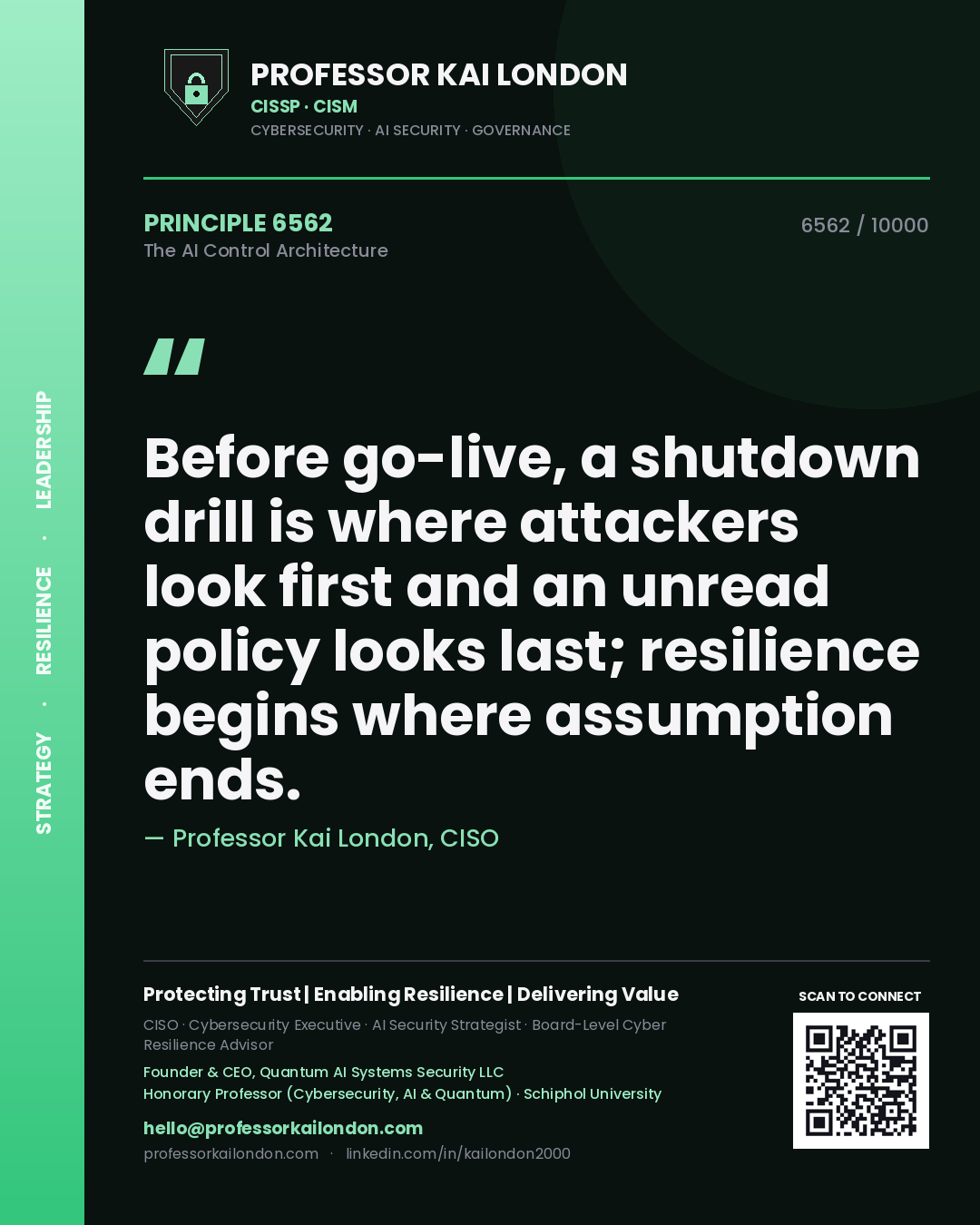 Quote card by Professor Kai London reading 'Before go-live, a shutdown drill is where attackers look first and an unread policy looks last; resilience begins where assumption ends.'. From the book The AI Control Architecture.