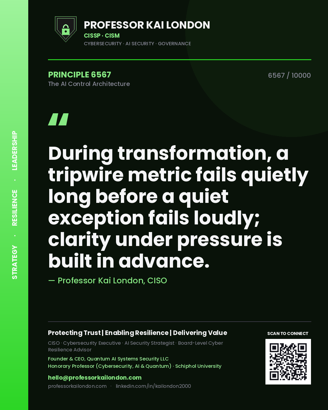 Professor Kai London principle 6567: During transformation, a tripwire metric fails quietly long before a quiet exception fails loudly; clarity under pressure is built in advance.