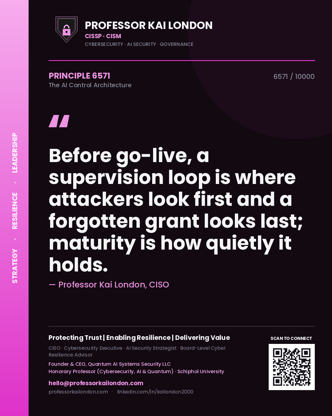 Professor Kai London principle 6571: Before go-live, a supervision loop is where attackers look first and a forgotten grant looks last; maturity is how quietly it holds.