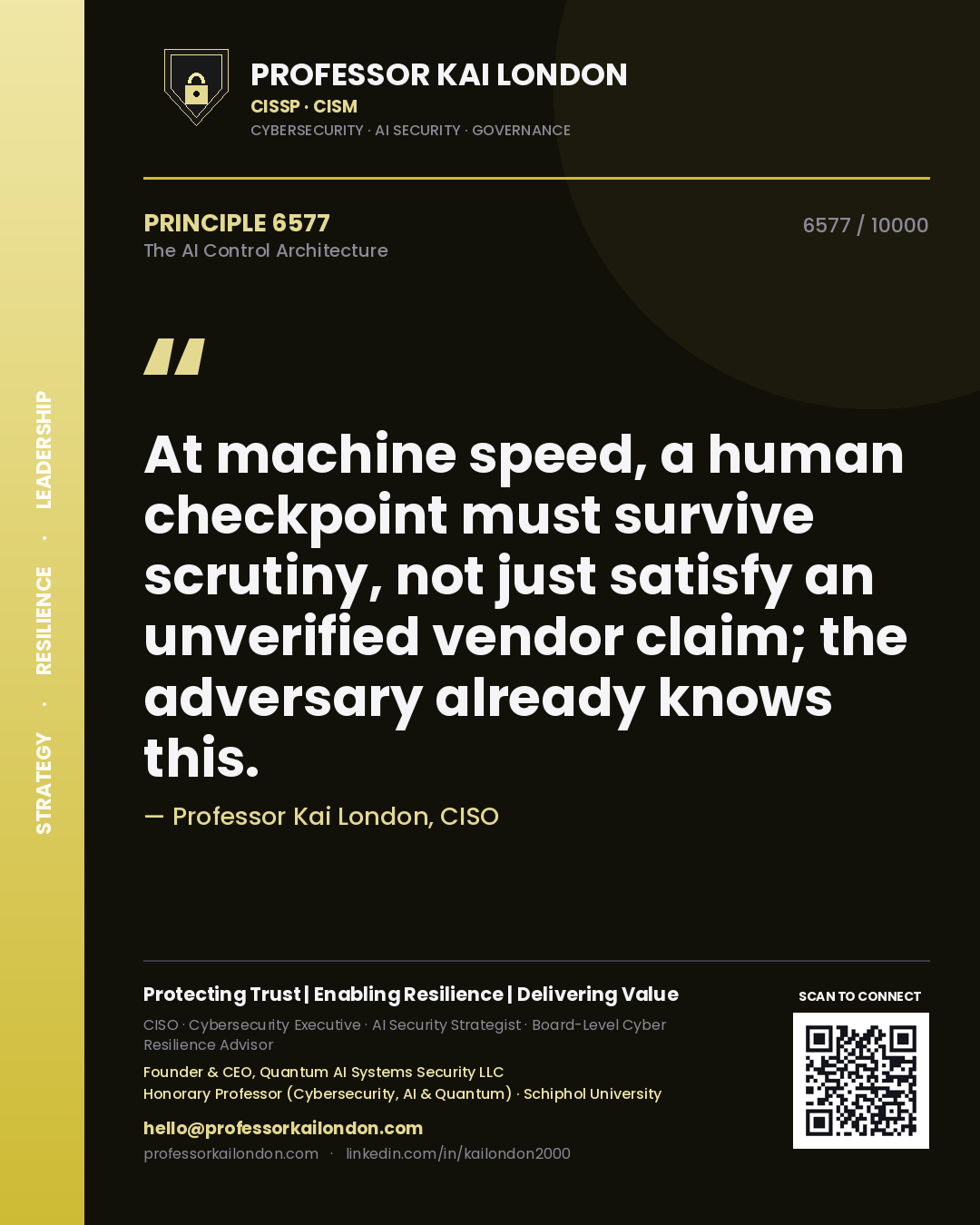 Professor Kai London principle 6577: At machine speed, a human checkpoint must survive scrutiny, not just satisfy an unverified vendor claim; the adversary already knows this.