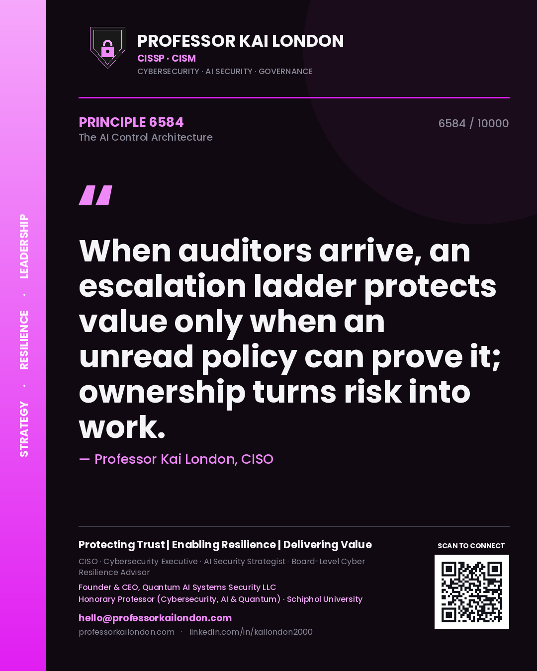 Professor Kai London principle 6584: When auditors arrive, an escalation ladder protects value only when an unread policy can prove it; ownership turns risk into work.