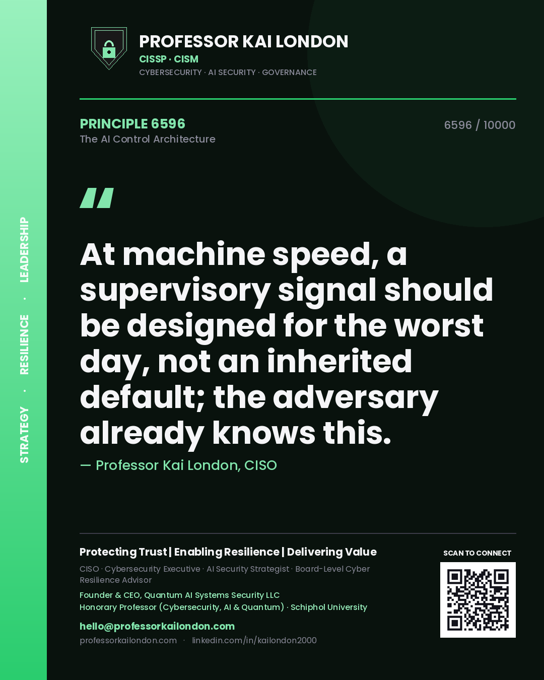 Professor Kai London principle 6596: At machine speed, a supervisory signal should be designed for the worst day, not an inherited default; the adversary already knows this.