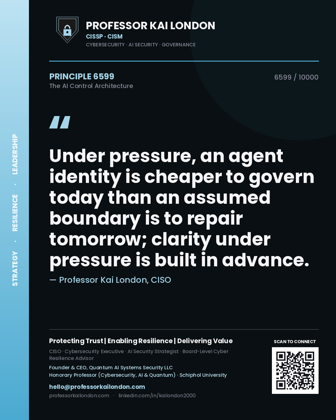 Professor Kai London principle 6599: Under pressure, an agent identity is cheaper to govern today than an assumed boundary is to repair tomorrow; clarity under pressure is built in advance.