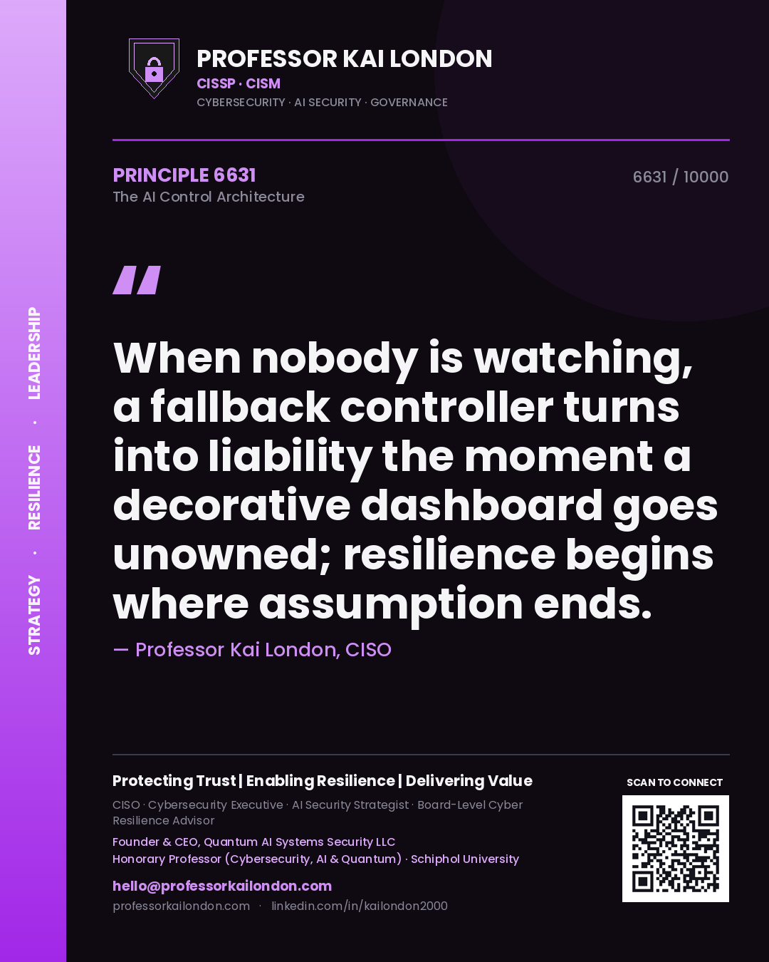Quote card by Professor Kai London reading 'When nobody is watching, a fallback controller turns into liability the moment a decorative dashboard goes unowned; resilience begins where assumption ends.'. From the book The AI Control Architecture.