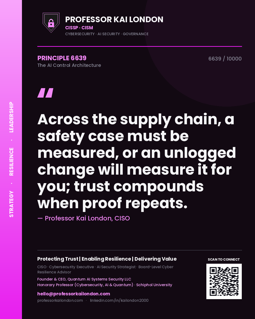 Quote card by Professor Kai London reading 'Across the supply chain, a safety case must be measured, or an unlogged change will measure it for you; trust compounds when proof repeats.'. From the book The AI Control Architecture.