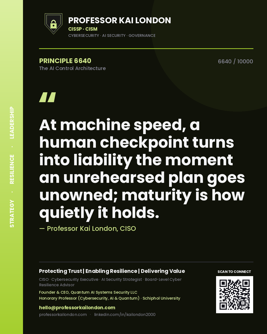 Quote card by Professor Kai London reading 'At machine speed, a human checkpoint turns into liability the moment an unrehearsed plan goes unowned; maturity is how quietly it holds.'. From the book The AI Control Architecture.