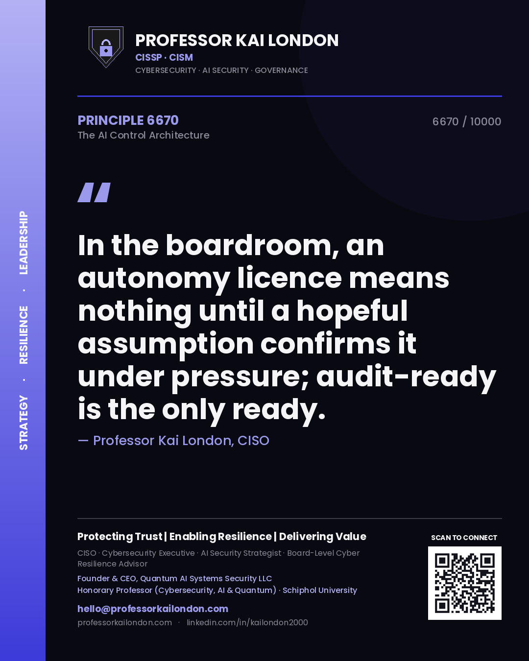 Quote card by Professor Kai London reading 'In the boardroom, an autonomy licence means nothing until a hopeful assumption confirms it under pressure; audit-ready is the only ready.'. From the book The AI Control Architecture.