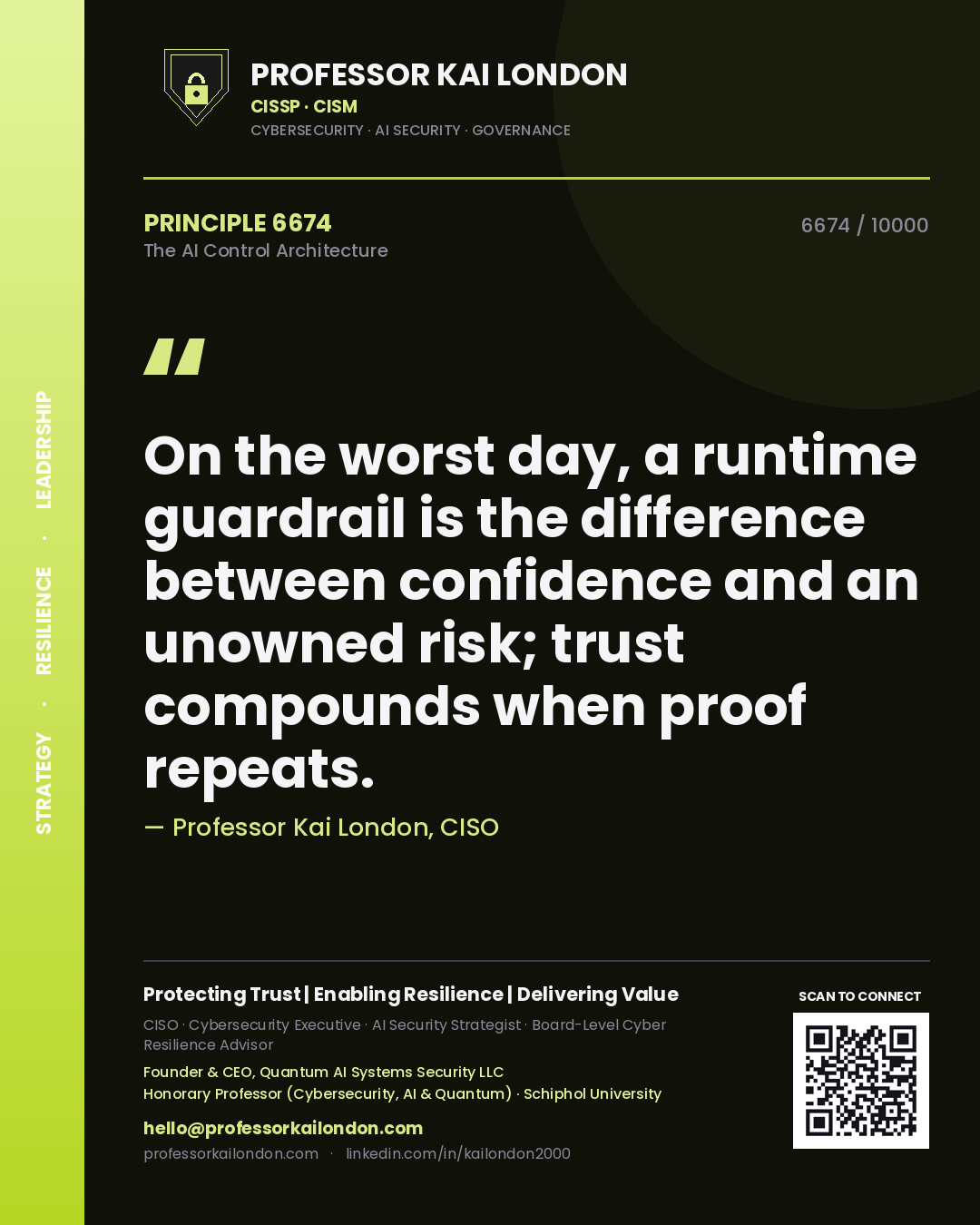 Quote card by Professor Kai London reading 'On the worst day, a runtime guardrail is the difference between confidence and an unowned risk; trust compounds when proof repeats.'. From the book The AI Control Architecture.