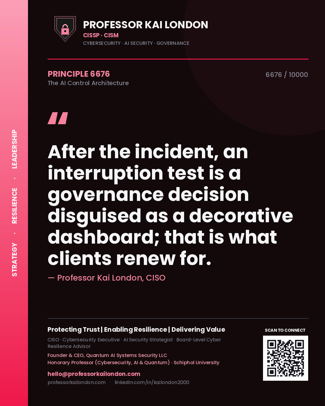 Quote card by Professor Kai London reading 'After the incident, an interruption test is a governance decision disguised as a decorative dashboard; that is what clients renew for.'. From the book The AI Control Architecture.