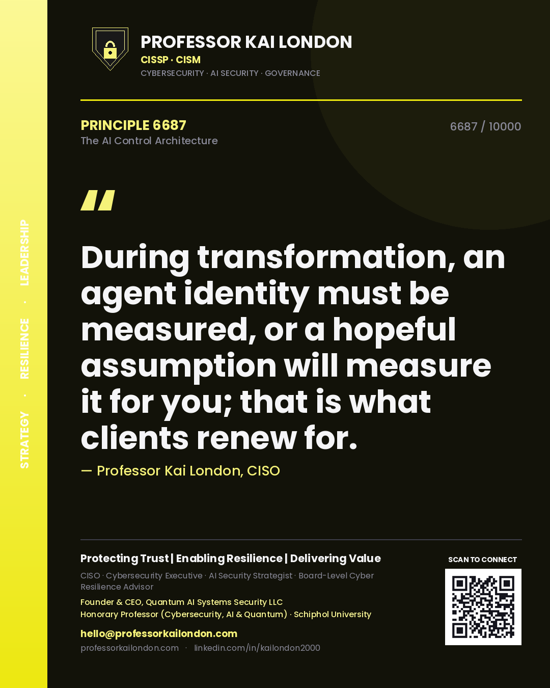Quote card by Professor Kai London reading 'During transformation, an agent identity must be measured, or a hopeful assumption will measure it for you; that is what clients renew for.'. From the book The AI Control Architecture.