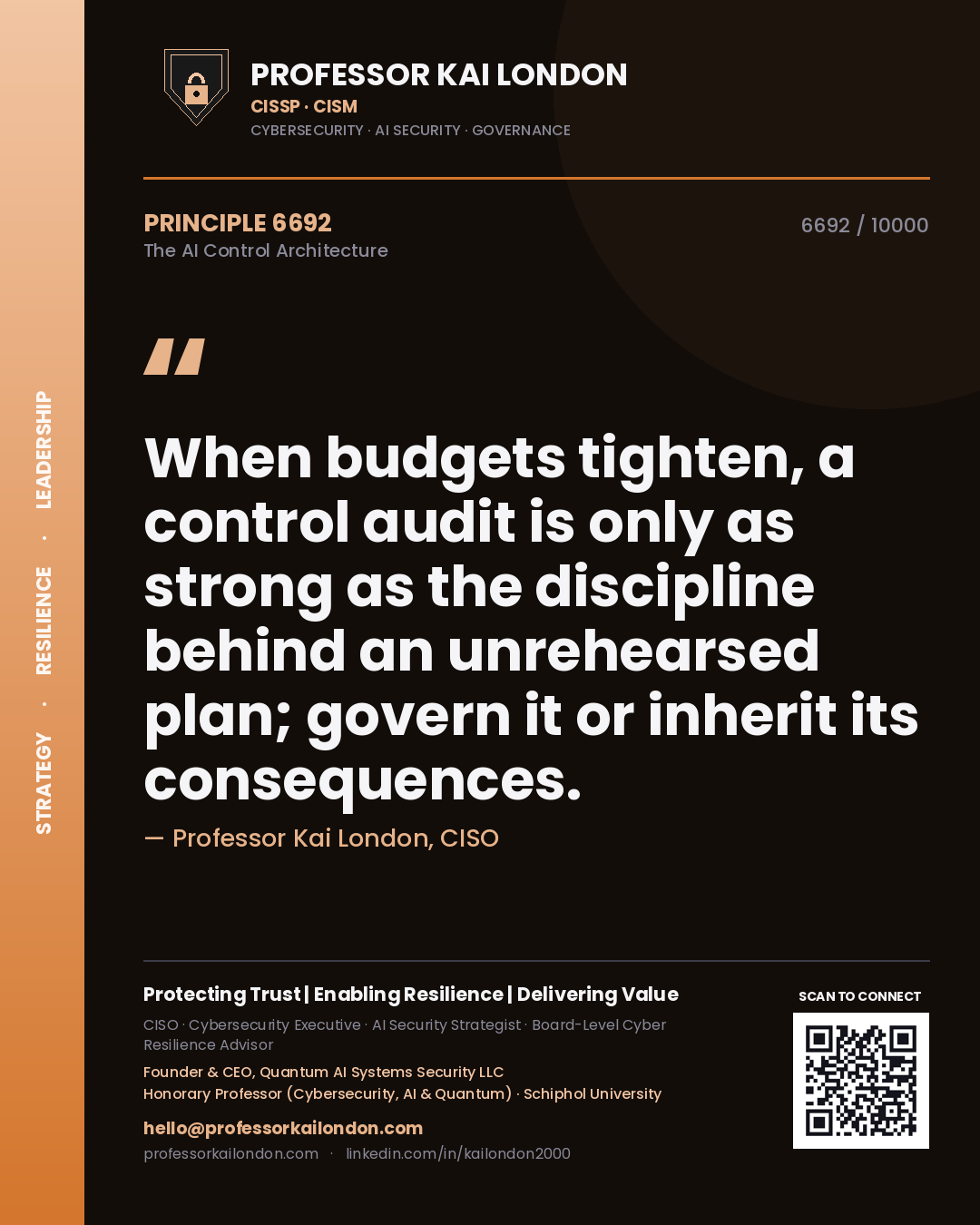 Quote card by Professor Kai London reading 'When budgets tighten, a control audit is only as strong as the discipline behind an unrehearsed plan; govern it or inherit its consequences.'. From the book The AI Control Architecture.