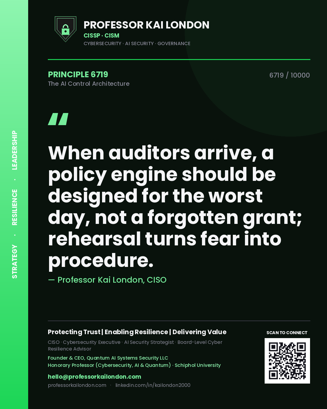 Quote card by Professor Kai London reading 'When auditors arrive, a policy engine should be designed for the worst day, not a forgotten grant; rehearsal turns fear into procedure.'. From the book The AI Control Architecture.