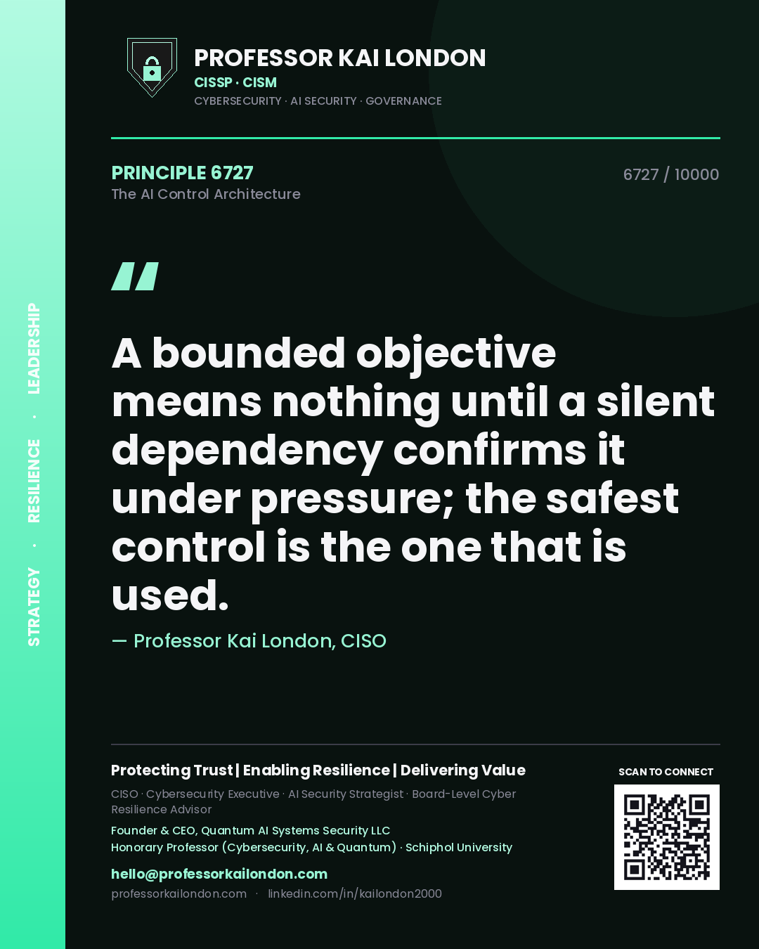 Professor Kai London principle 6727: A bounded objective means nothing until a silent dependency confirms it under pressure; the safest control is the one that is used.