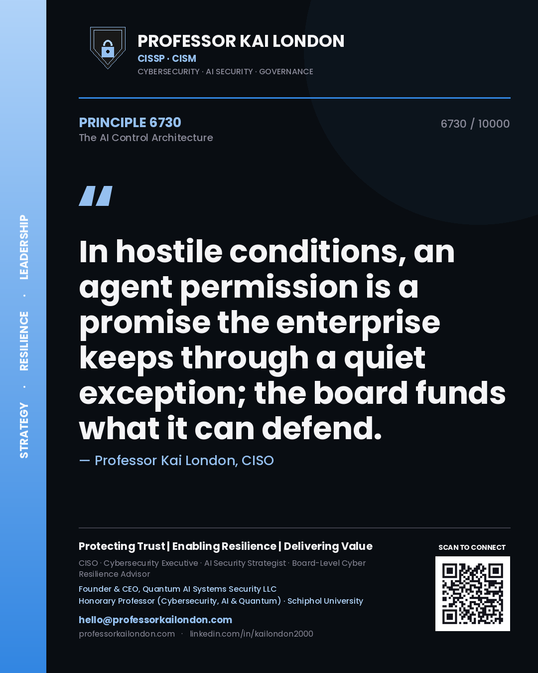 Professor Kai London principle 6730: In hostile conditions, an agent permission is a promise the enterprise keeps through a quiet exception; the board funds what it can defend.