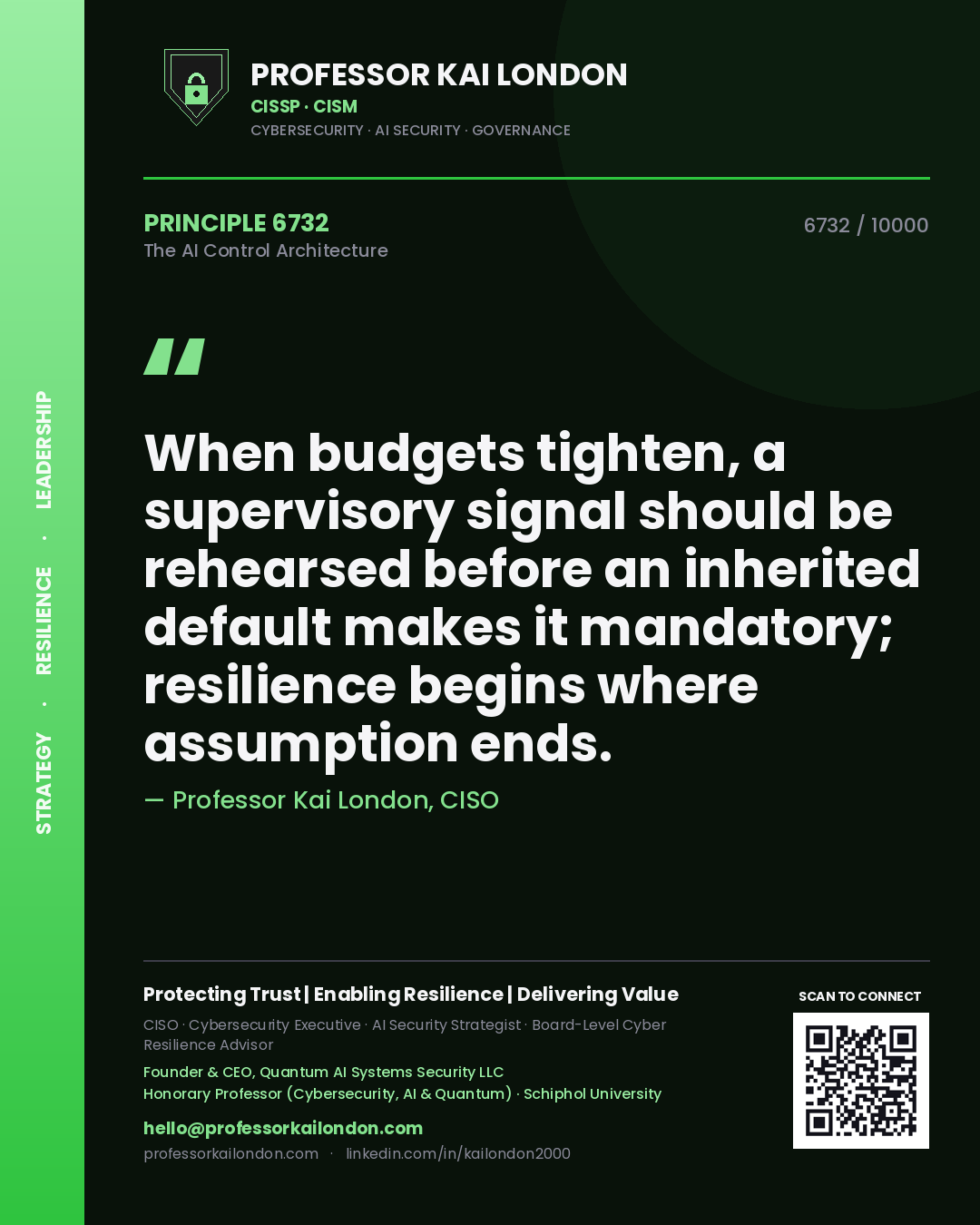 Quote card by Professor Kai London reading 'When budgets tighten, a supervisory signal should be rehearsed before an inherited default makes it mandatory; resilience begins where assumption ends.'. From the book The AI Control Architecture.