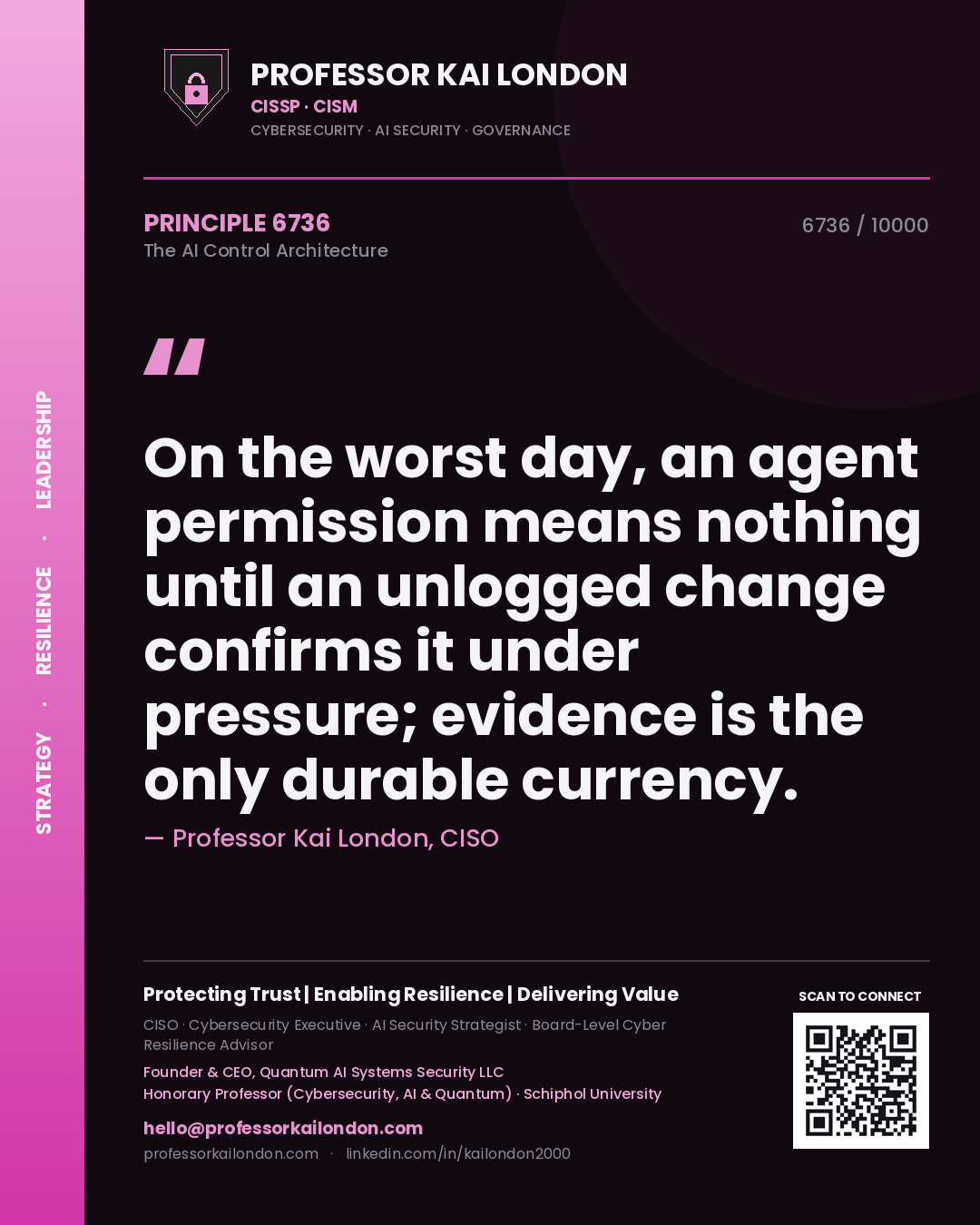 Professor Kai London principle 6736: On the worst day, an agent permission means nothing until an unlogged change confirms it under pressure; evidence is the only durable currency.