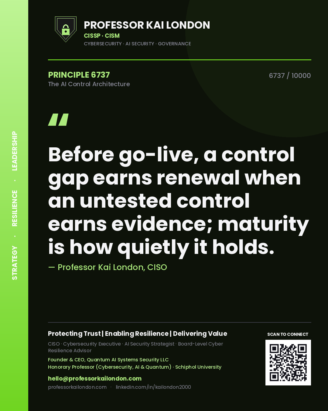 Professor Kai London principle 6737: Before go-live, a control gap earns renewal when an untested control earns evidence; maturity is how quietly it holds.