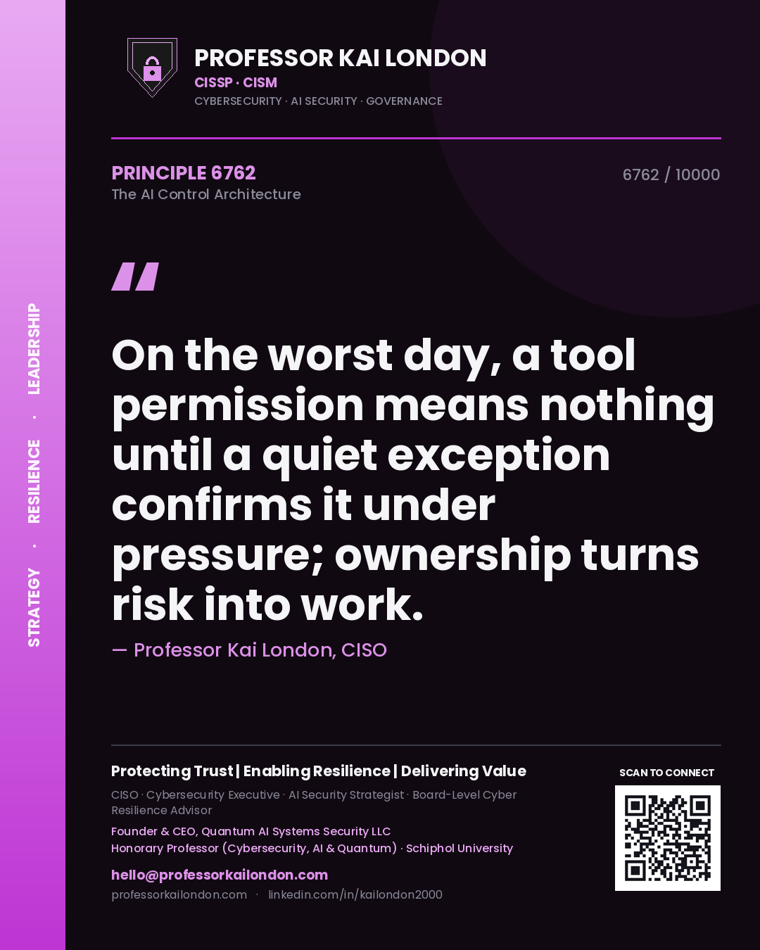 Professor Kai London principle 6762: On the worst day, a tool permission means nothing until a quiet exception confirms it under pressure; ownership turns risk into work.