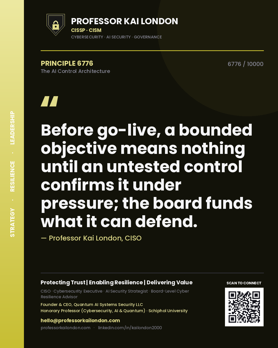 Quote card by Professor Kai London reading 'Before go-live, a bounded objective means nothing until an untested control confirms it under pressure; the board funds what it can defend.'. From the book The AI Control Architecture.