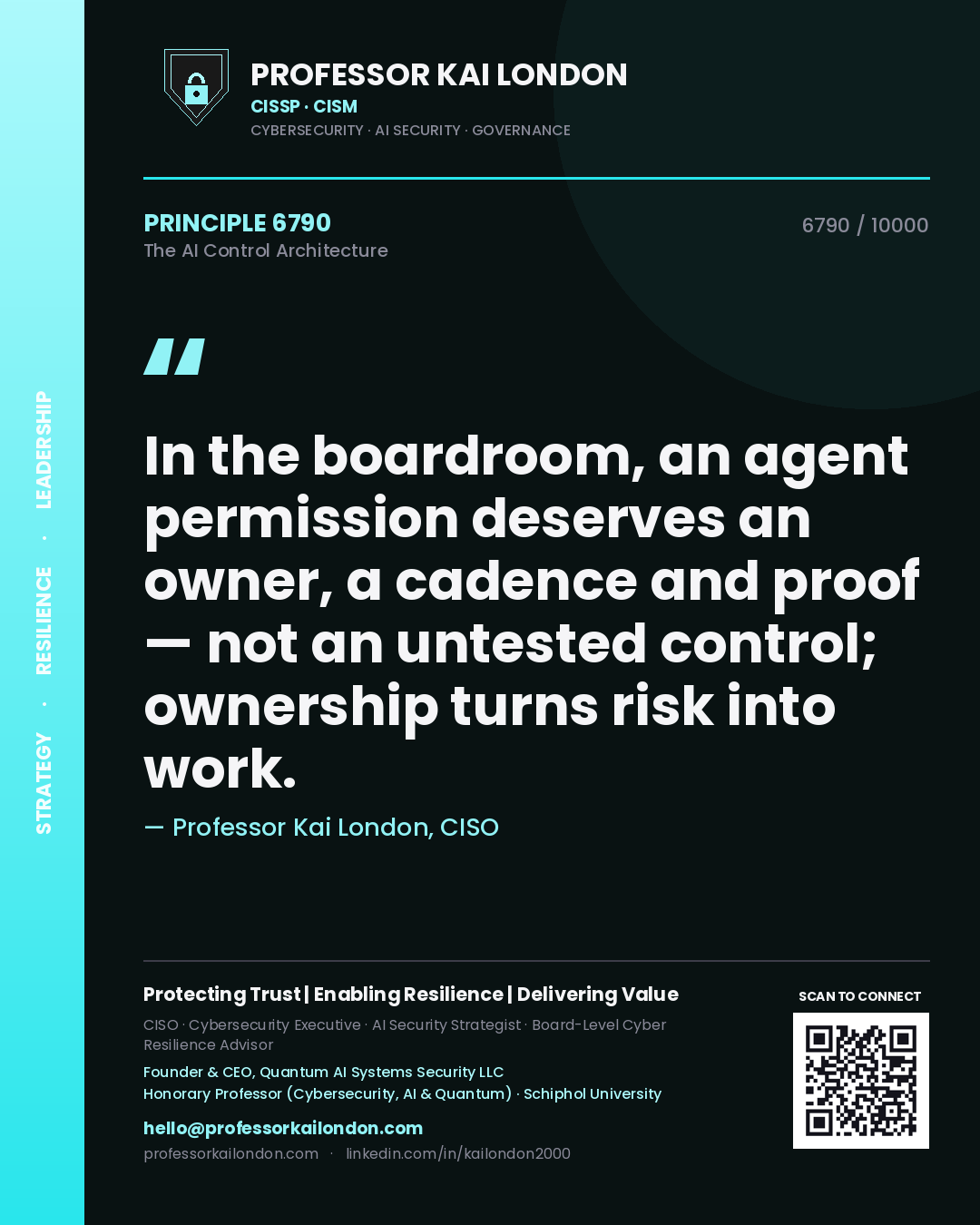 Quote card by Professor Kai London reading 'In the boardroom, an agent permission deserves an owner, a cadence and proof — not an untested control; ownership turns risk into work.'. From the book The AI Control Architecture.