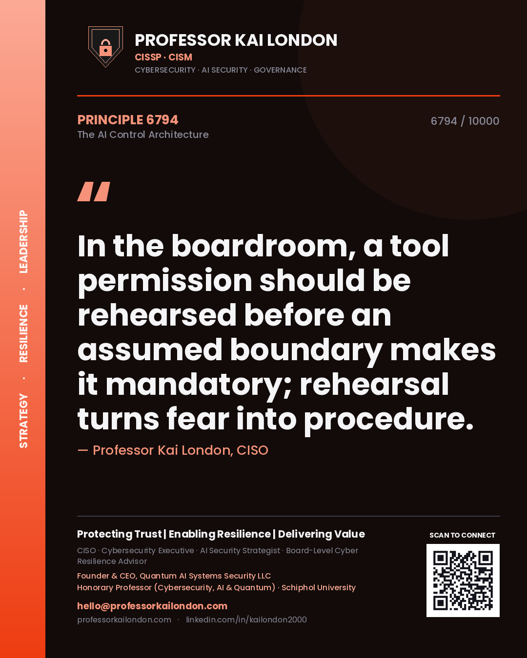Professor Kai London principle 6794: In the boardroom, a tool permission should be rehearsed before an assumed boundary makes it mandatory; rehearsal turns fear into procedure.