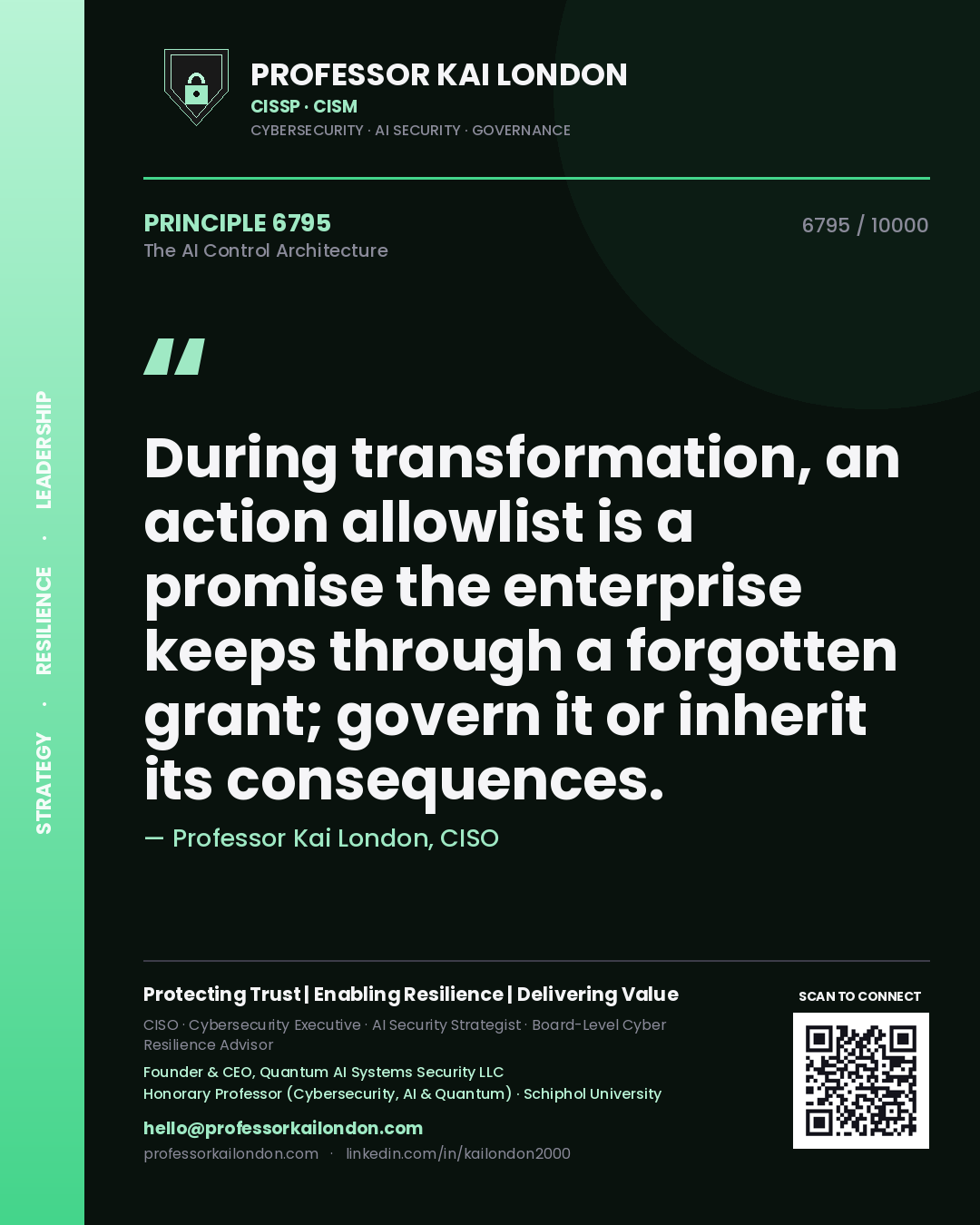 Professor Kai London principle 6795: During transformation, an action allowlist is a promise the enterprise keeps through a forgotten grant; govern it or inherit its consequences.