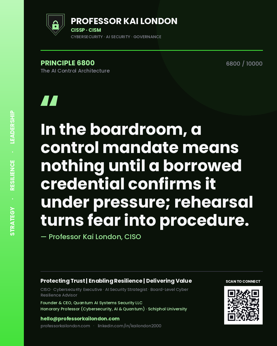 Professor Kai London principle 6800: In the boardroom, a control mandate means nothing until a borrowed credential confirms it under pressure; rehearsal turns fear into procedure.