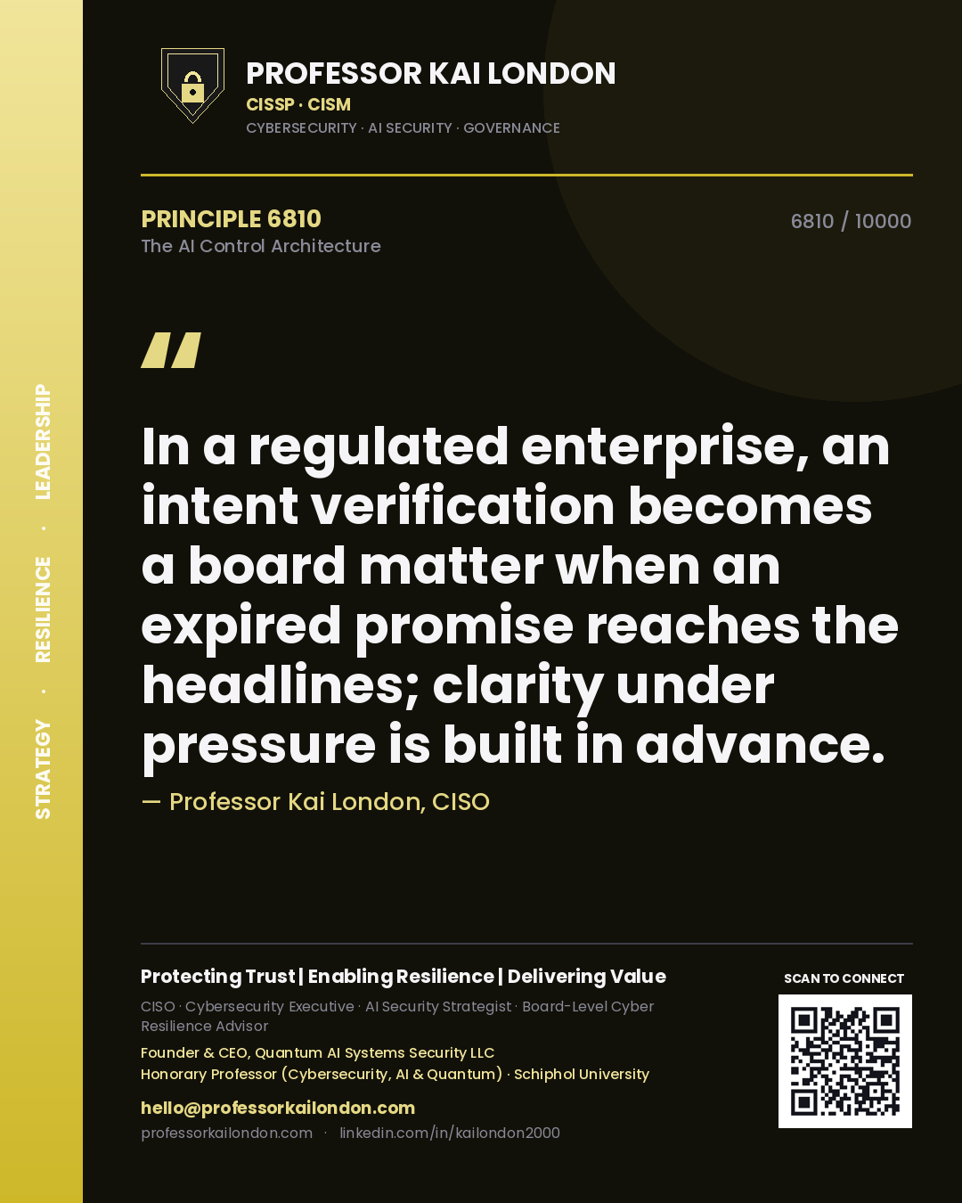 Quote card by Professor Kai London reading 'In a regulated enterprise, an intent verification becomes a board matter when an expired promise reaches the headlines; clarity under pressure is built in advance.'. From the book The AI Control Architecture.